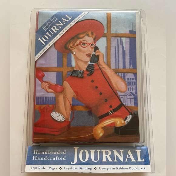 Retro Hand Beaded Cloth Journal Rotary Phone Women Red Hat New 200 Ruled Pages - Picture 1 of 4